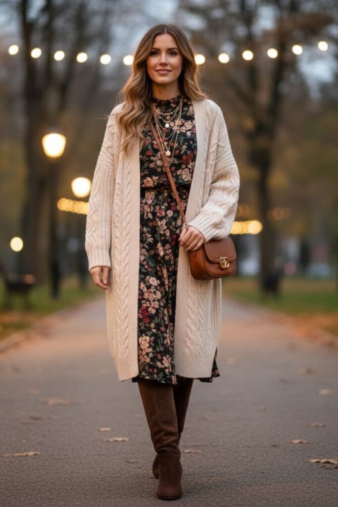 Floral Midi Dress with Long Cardigan