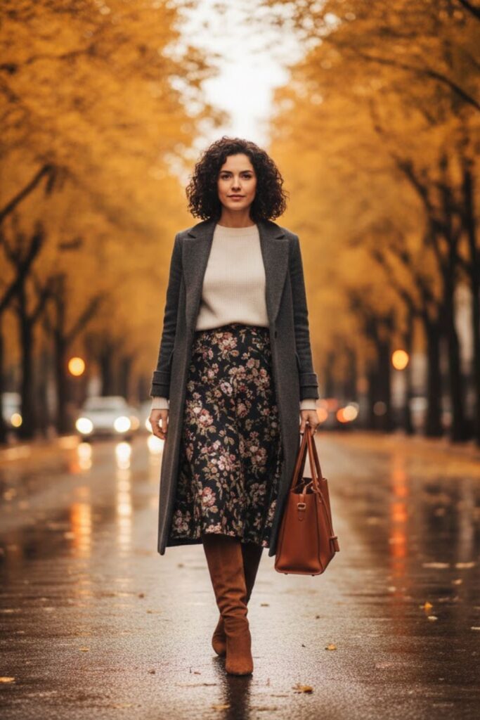 Floral Midi Skirt with Brown Boots