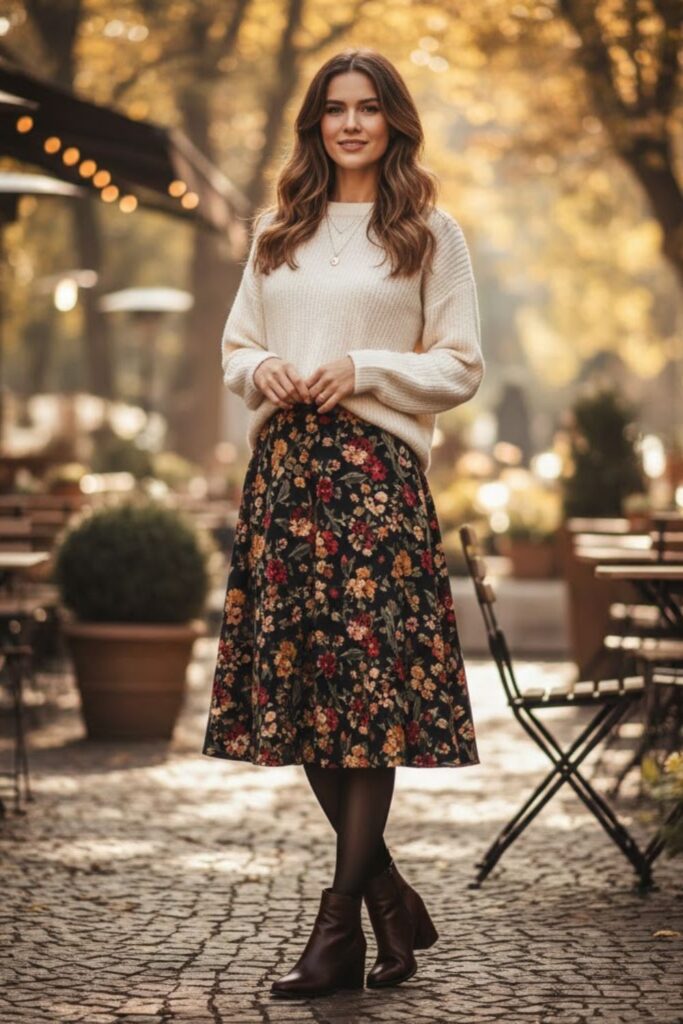 Floral Skirt with Neutral Sweater