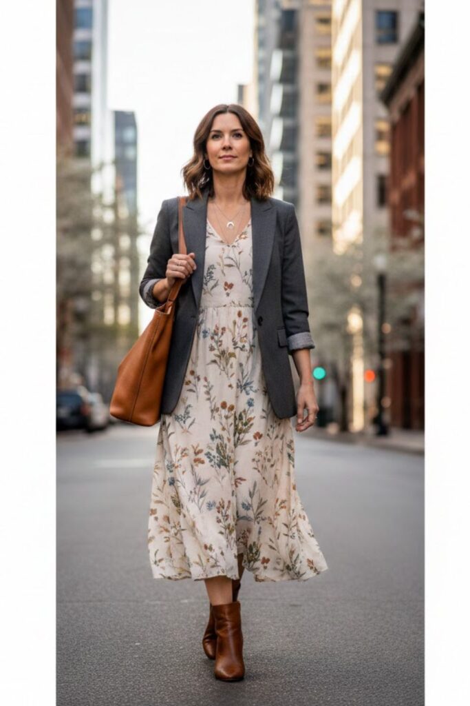 Flowy Midi Dress with Structured Blazer