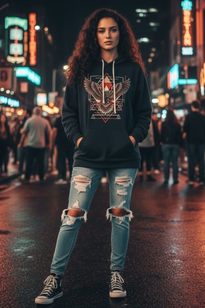 Graphic Hoodie with Distressed Jeans