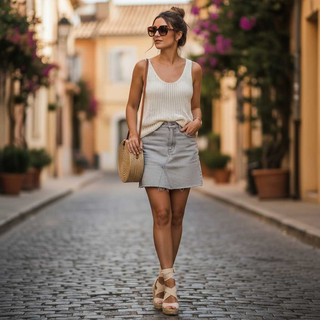 Grey Denim Skirt with a Knit Tank Top