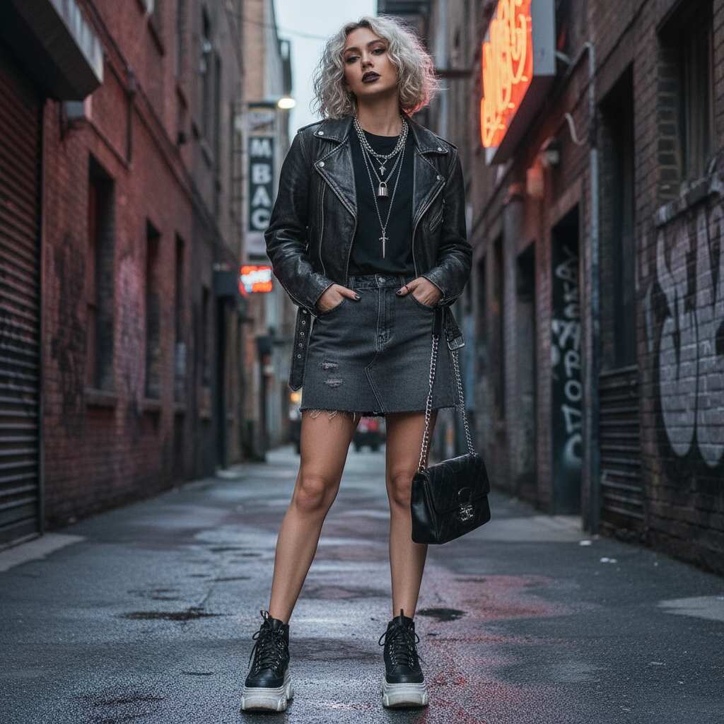 Grey Denim Skirt with a Leather Jacket