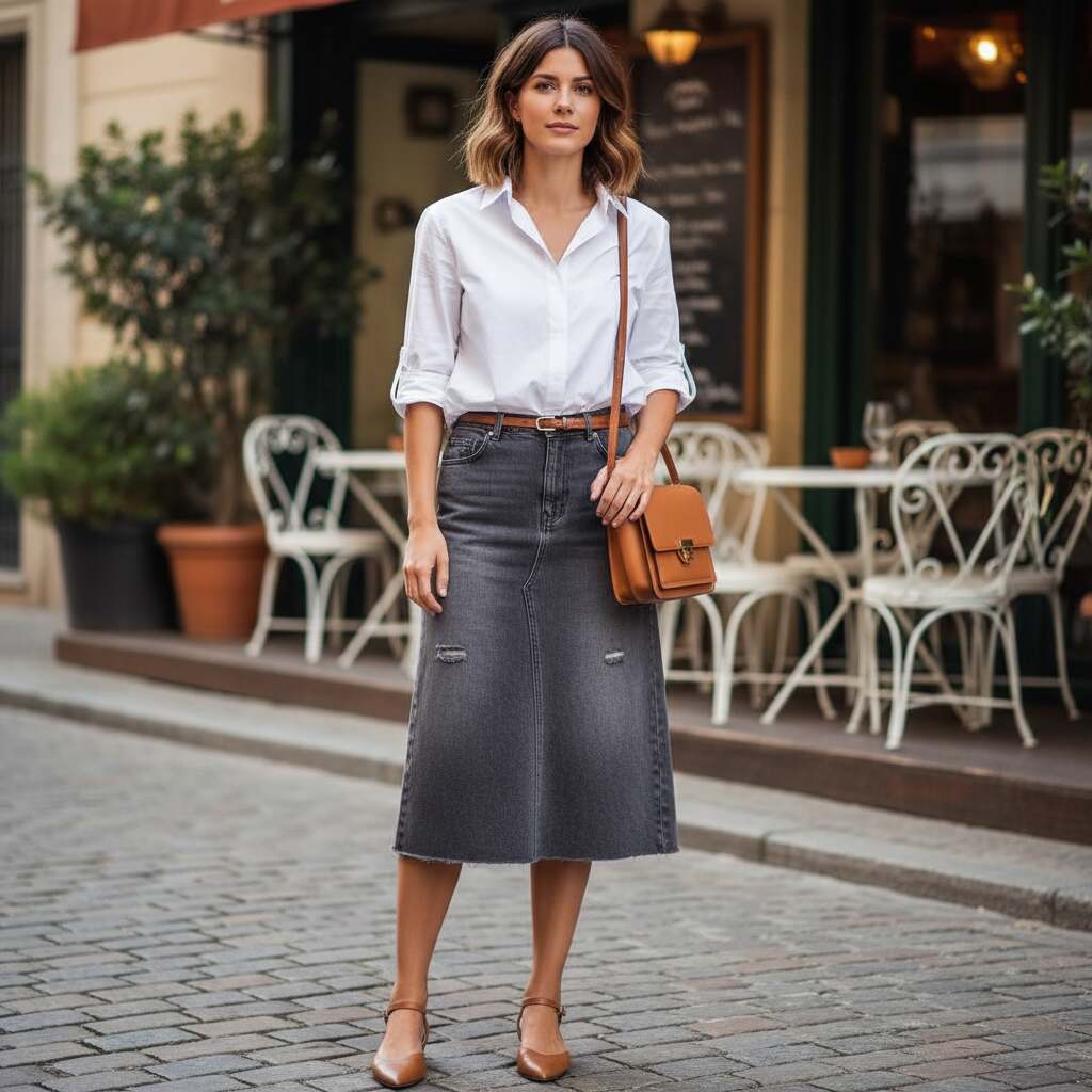 Grey Denim Skirt with a Silk Blouse