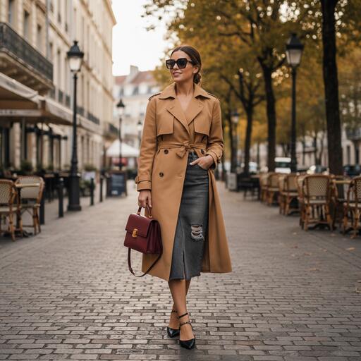 Grey Denim Skirt with a Trench Coat