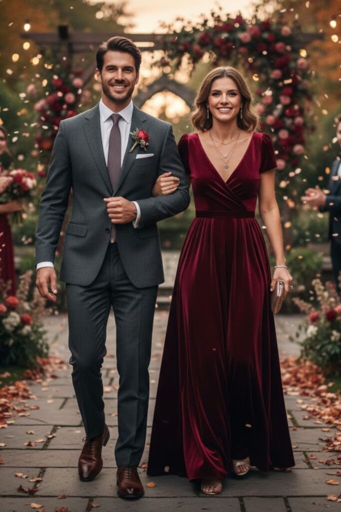 Grey Suit and Burgundy Dress