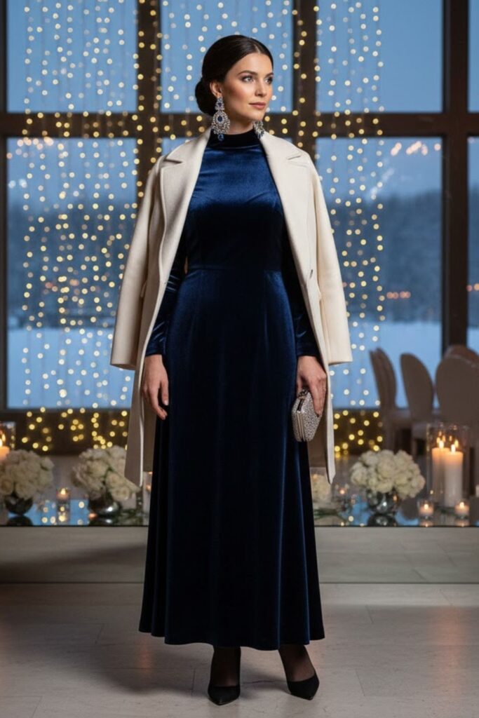 High-Neck Dress with Statement Earrings