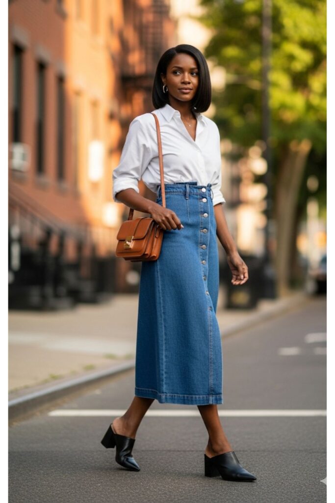 High-Waisted Denim Skirt with a Button-Down Shirt