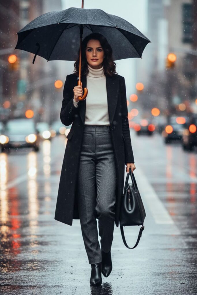  High-Waisted Pants with Turtleneck and Coat