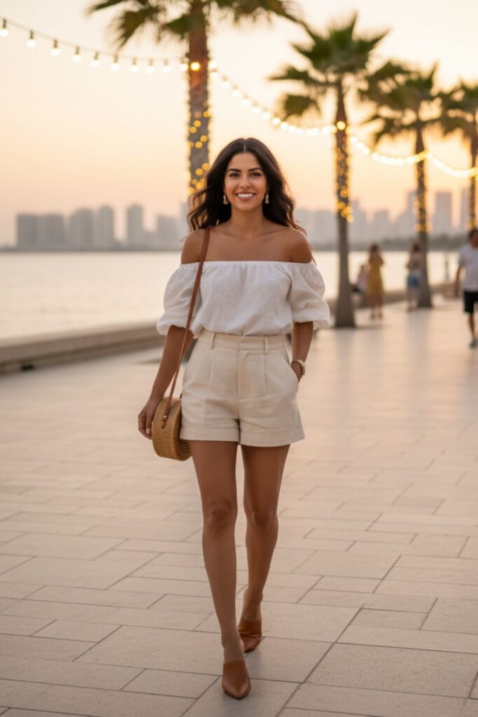High-Waisted Shorts with Off-Shoulder Top