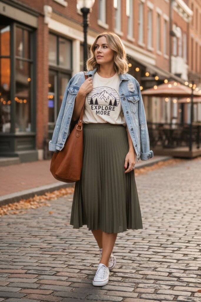 High-Waisted Skirt with Graphic Tee