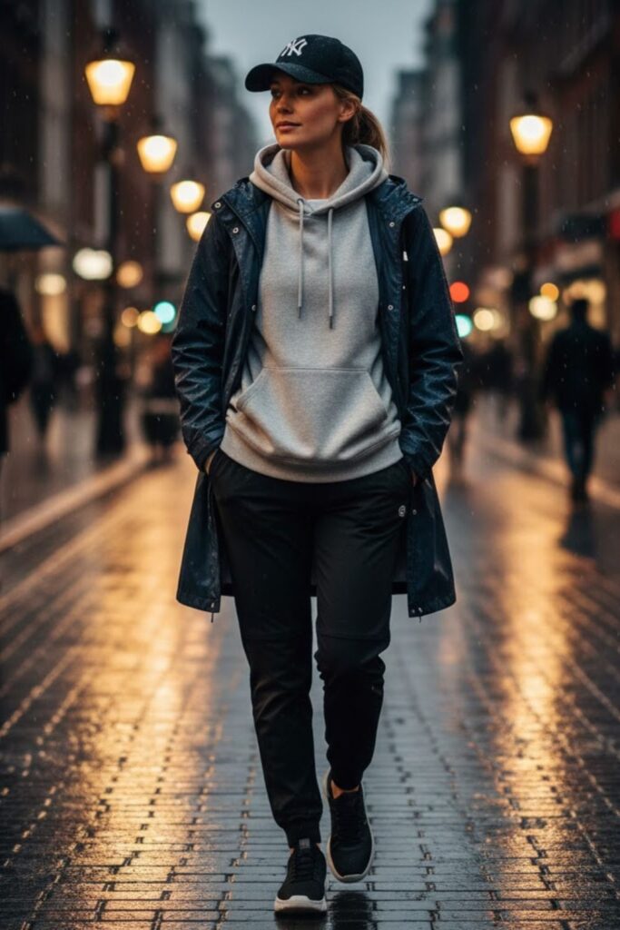 Hoodie with Raincoat and Sneakers