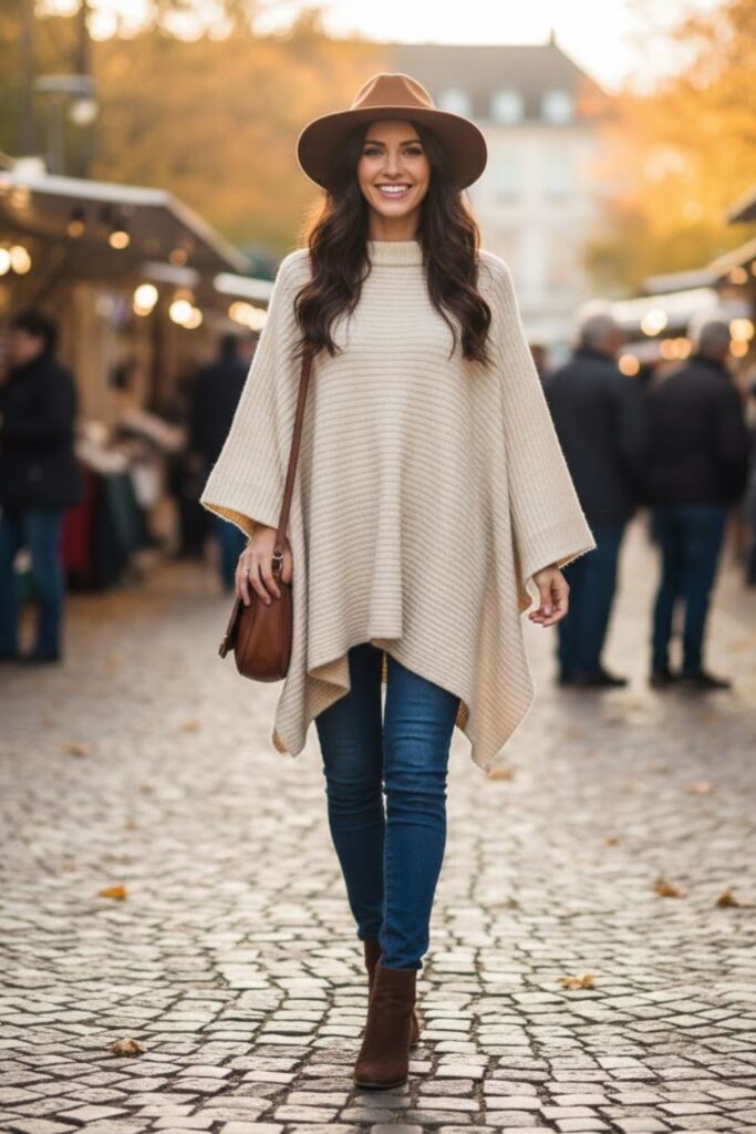 Knit Poncho with Skinny Jeans