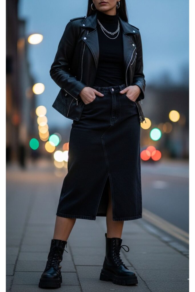 Leather Jacket with Black Denim Midi Skirt
