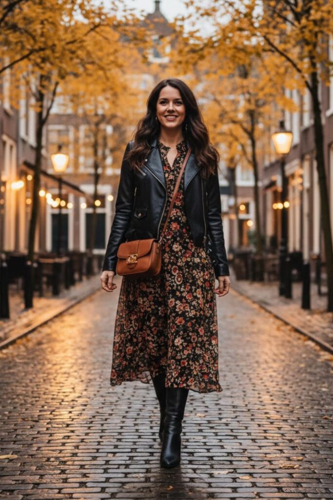 Leather Jacket with Midi Dress
