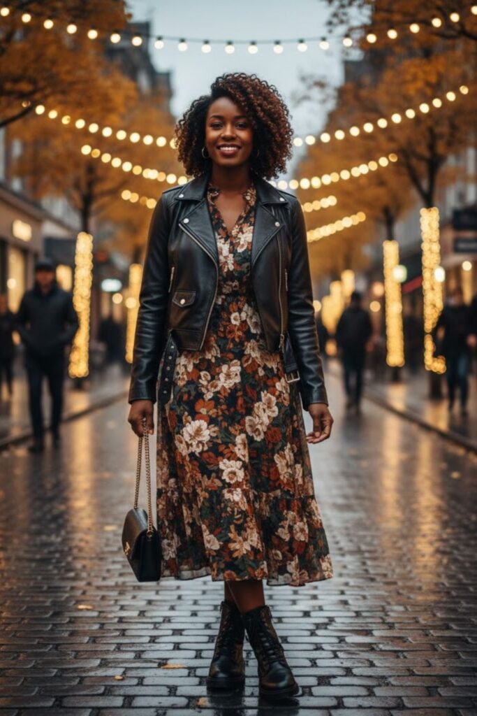 Leather Jacket with Midi Dress