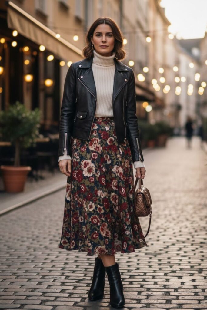 Leather Jacket with Midi Skirt