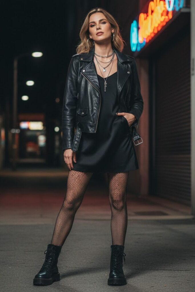 Leather Jacket with Mini Dress