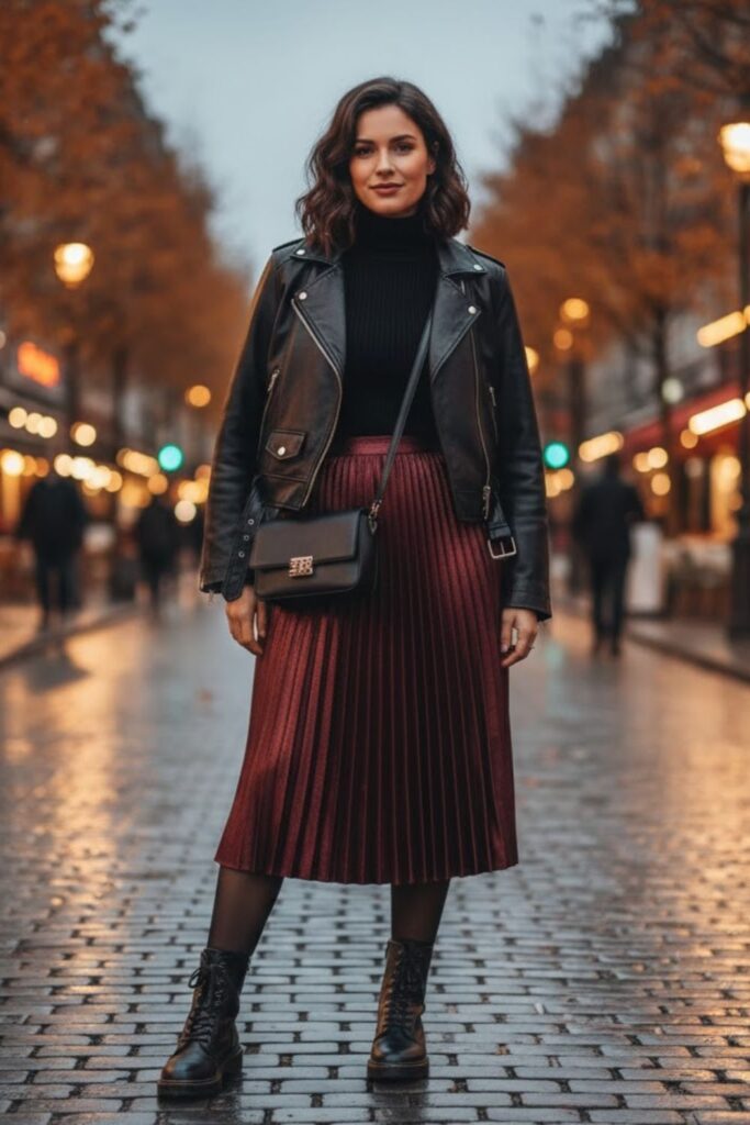 Leather Jacket with Pleated Skirt