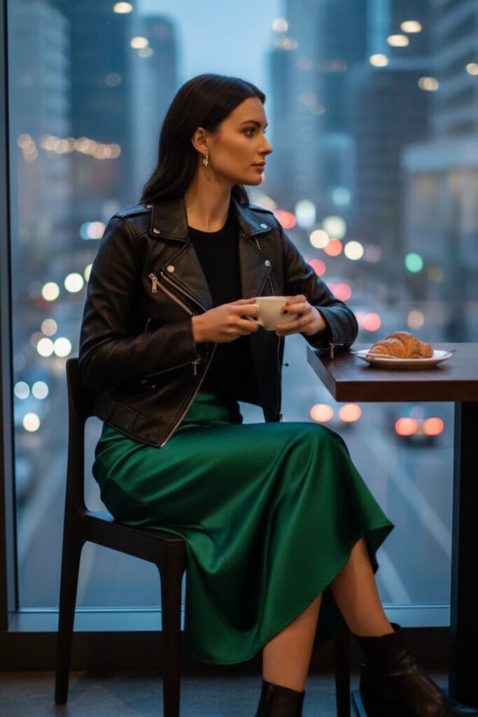 Leather Jacket with Satin Skirt