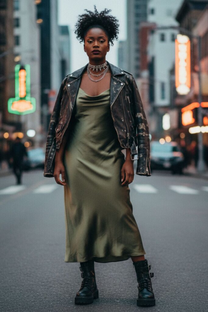 Leather Jacket with Slip Dress