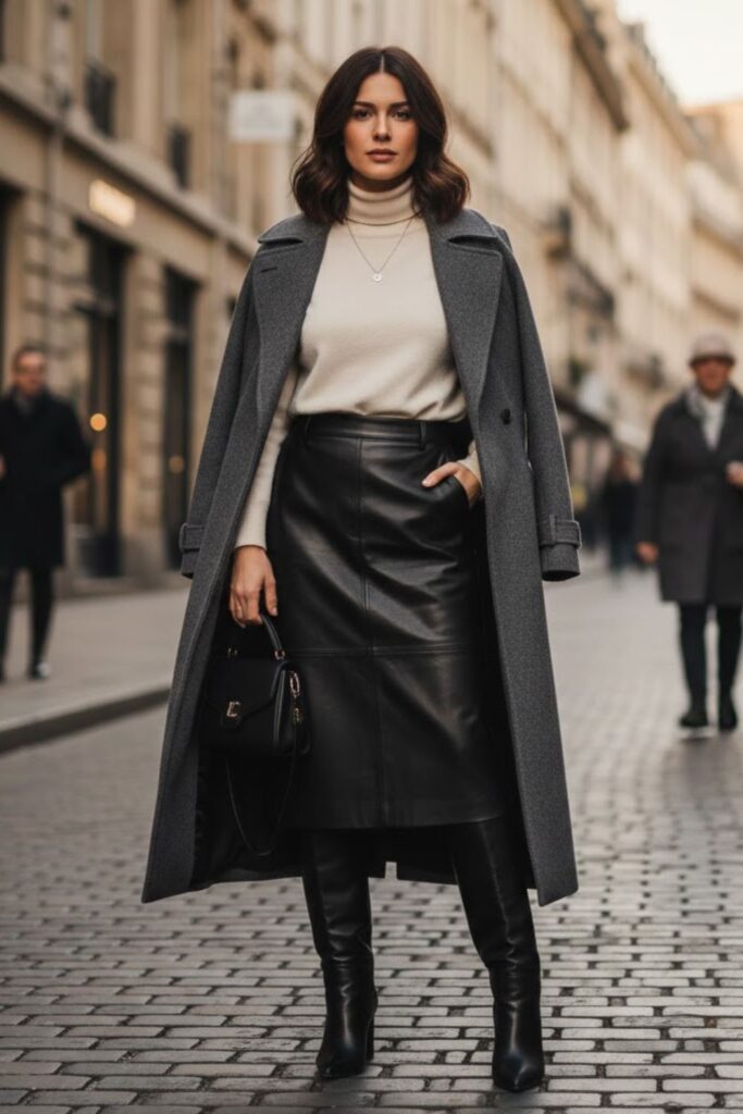 Leather Midi Skirt with Turtleneck