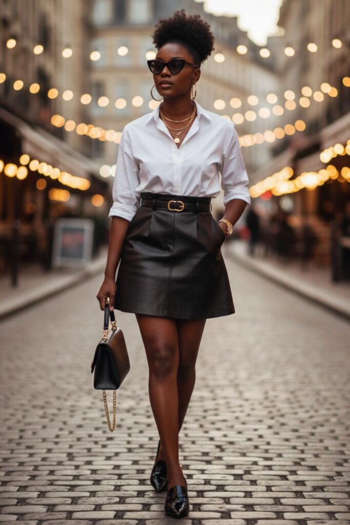 Leather Mini Skirt with Button-Up Shirt
