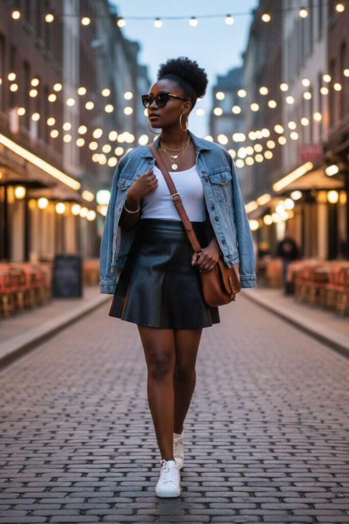 Leather Mini Skirt with Denim Jacket