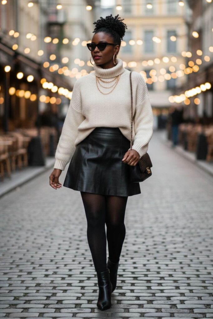 Leather Mini Skirt with Knit Sweater