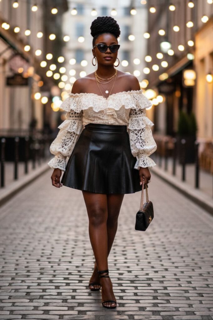 Leather Mini Skirt with Off-Shoulder Top