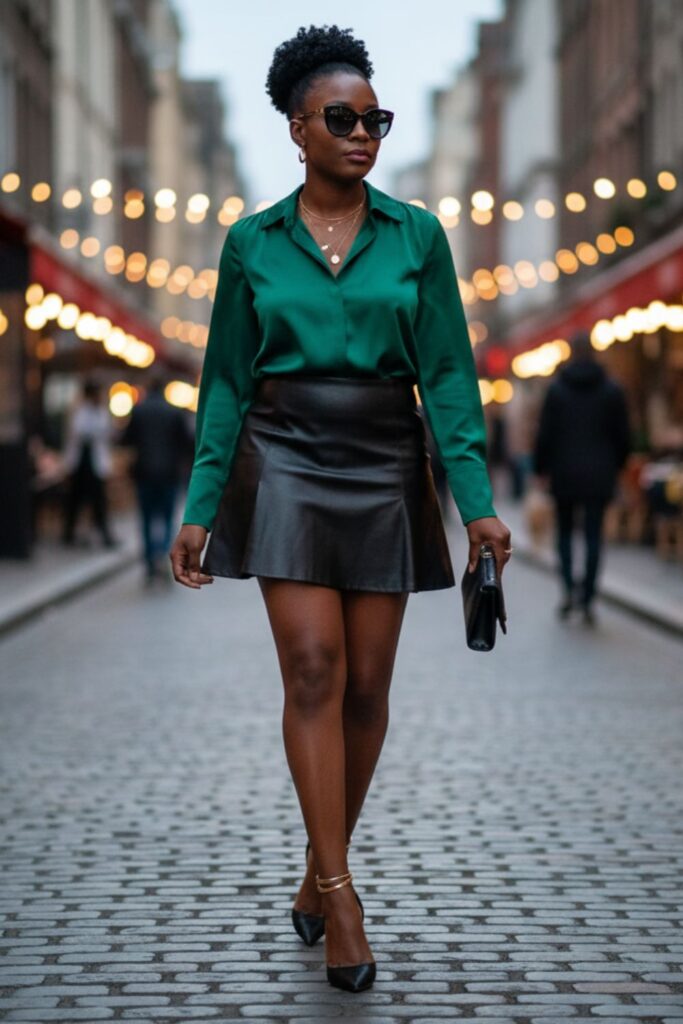 Leather Mini Skirt with Satin Blouse