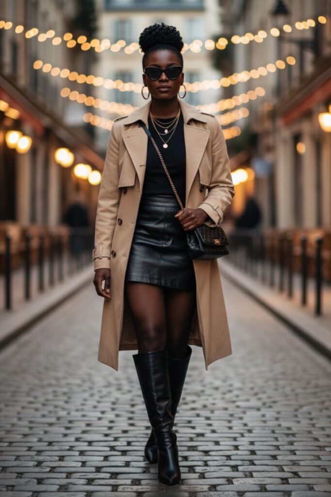 Leather Mini Skirt with Trench Coat