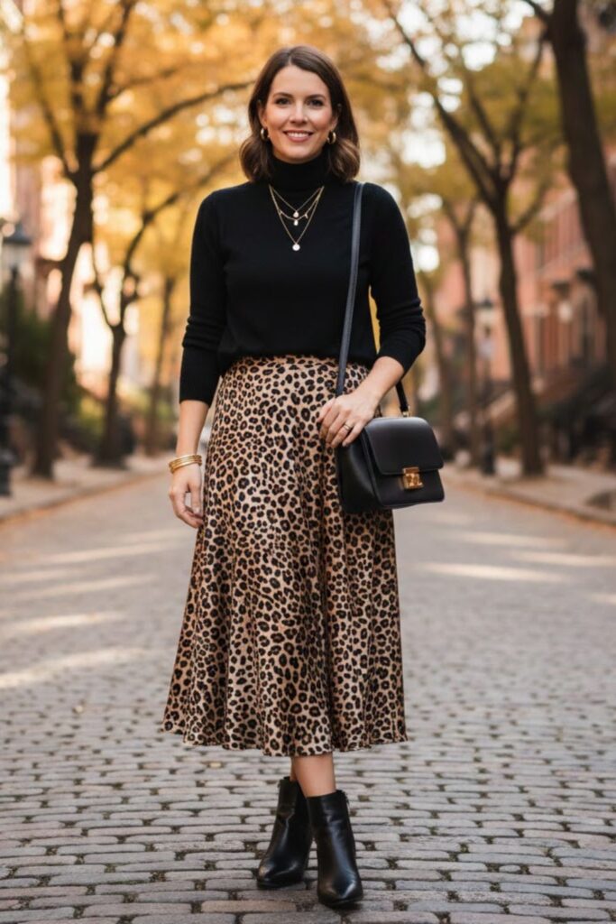 Leopard Midi Skirt with Black Turtleneck
