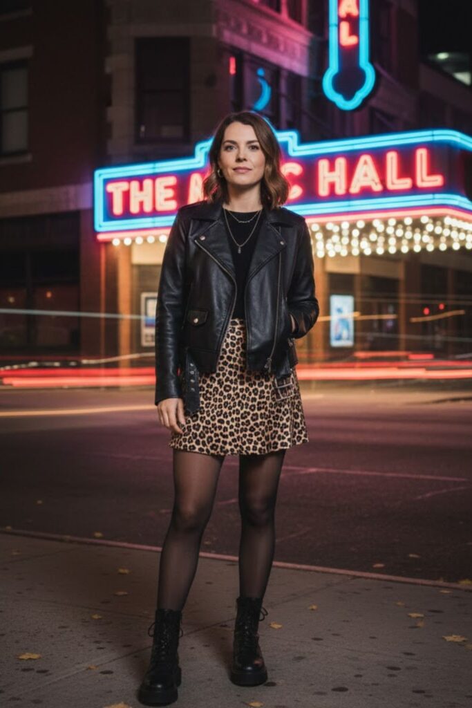Leopard Mini Skirt with Leather Jacket