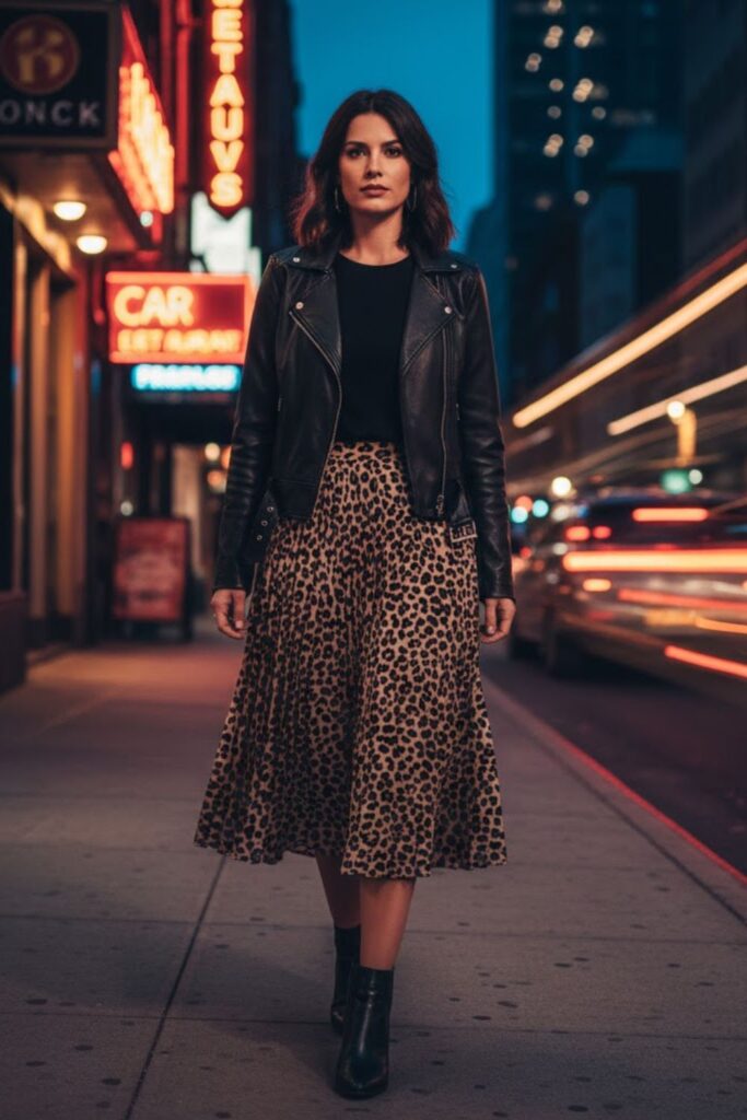 Leopard Pleated Skirt with Moto Jacket
