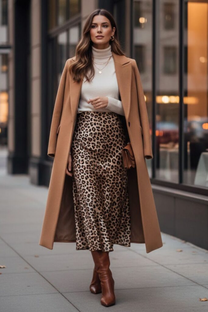 Leopard Satin Skirt with Camel Coat
