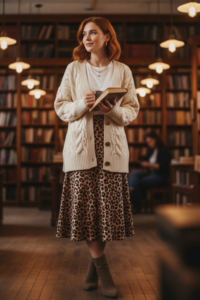 Leopard Skirt with Chunky Cardigan