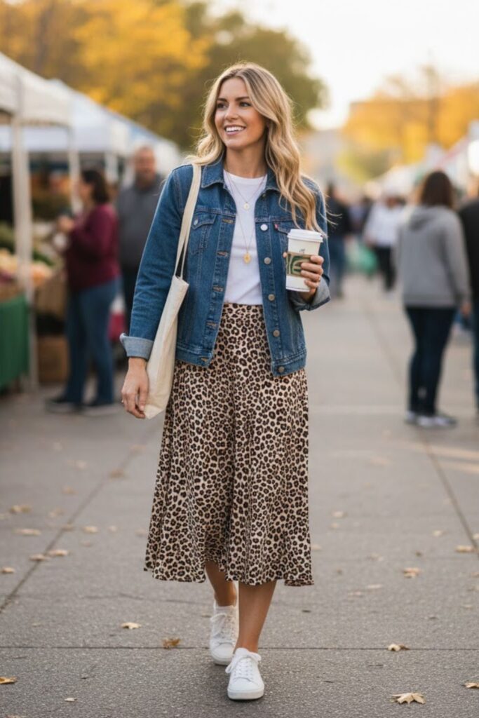 Leopard Skirt with Denim Jacket