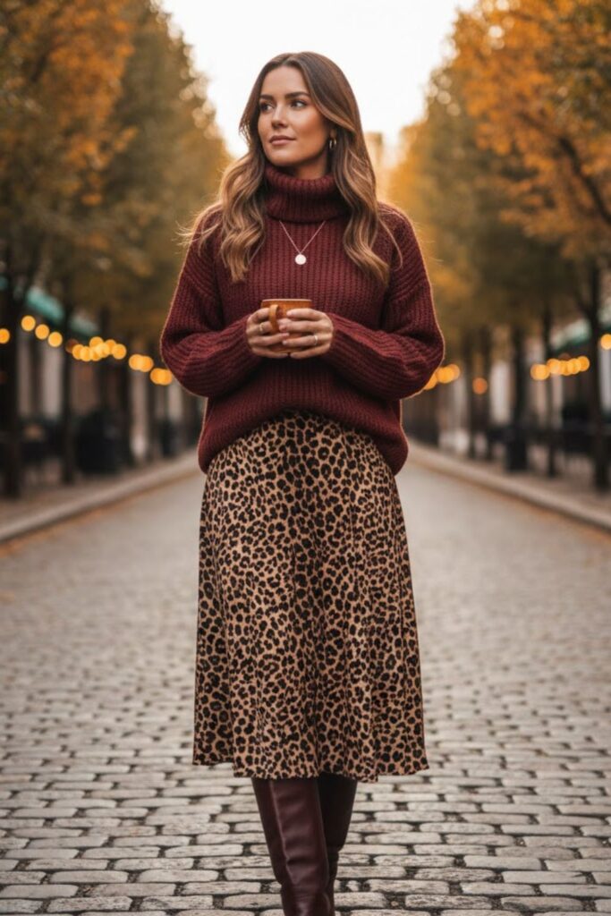 Leopard Skirt with Knit Turtleneck