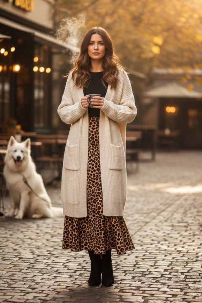 Leopard Skirt with Longline Cardigan