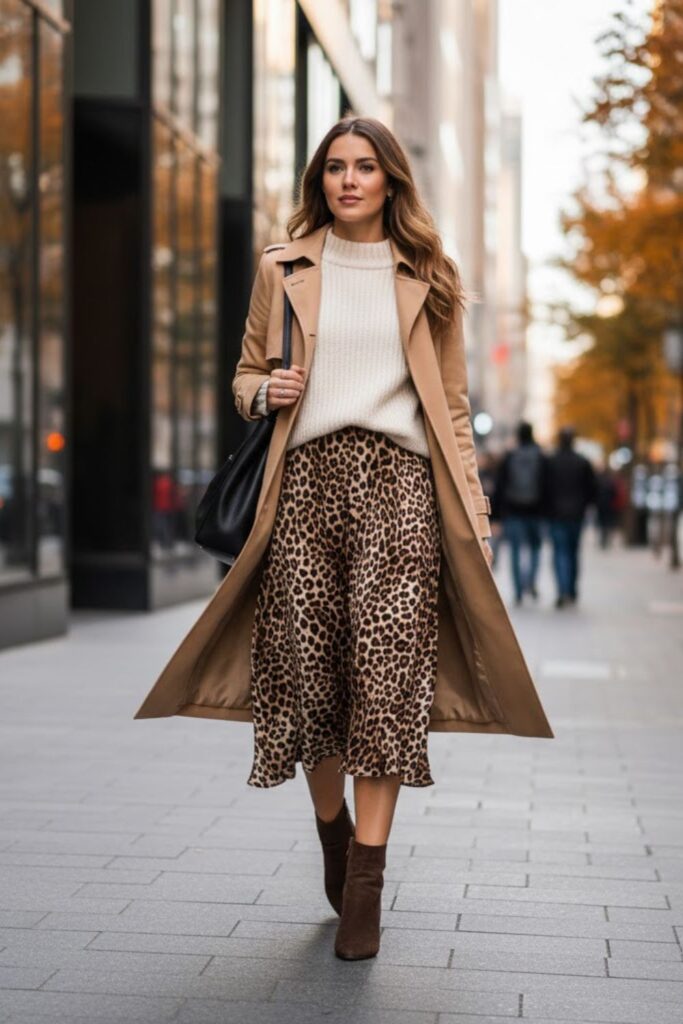 Leopard Skirt with Neutral Layers