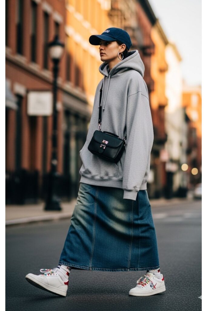 Long Denim Skirt with Oversized Hoodie and Sneakers