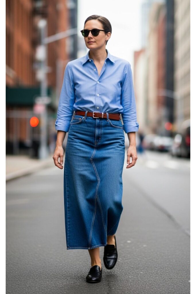Long Denim Skirt with a Button-Up Shirt