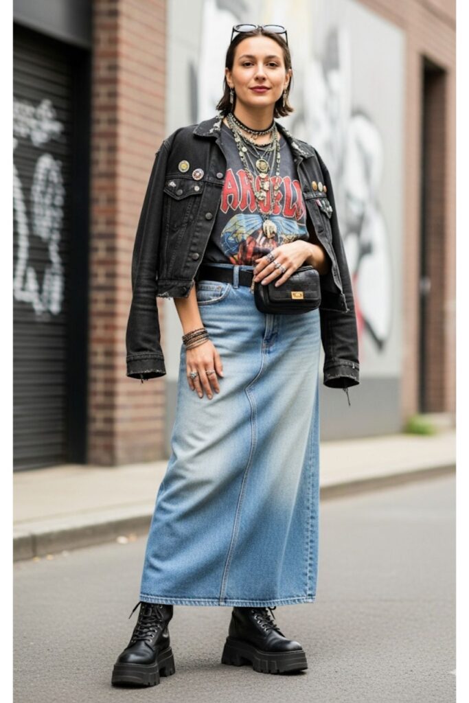 Long Denim Skirt with a Cropped Jacket and Graphic Tee