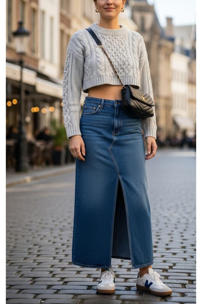 Long Denim Skirt with a Cropped Sweater