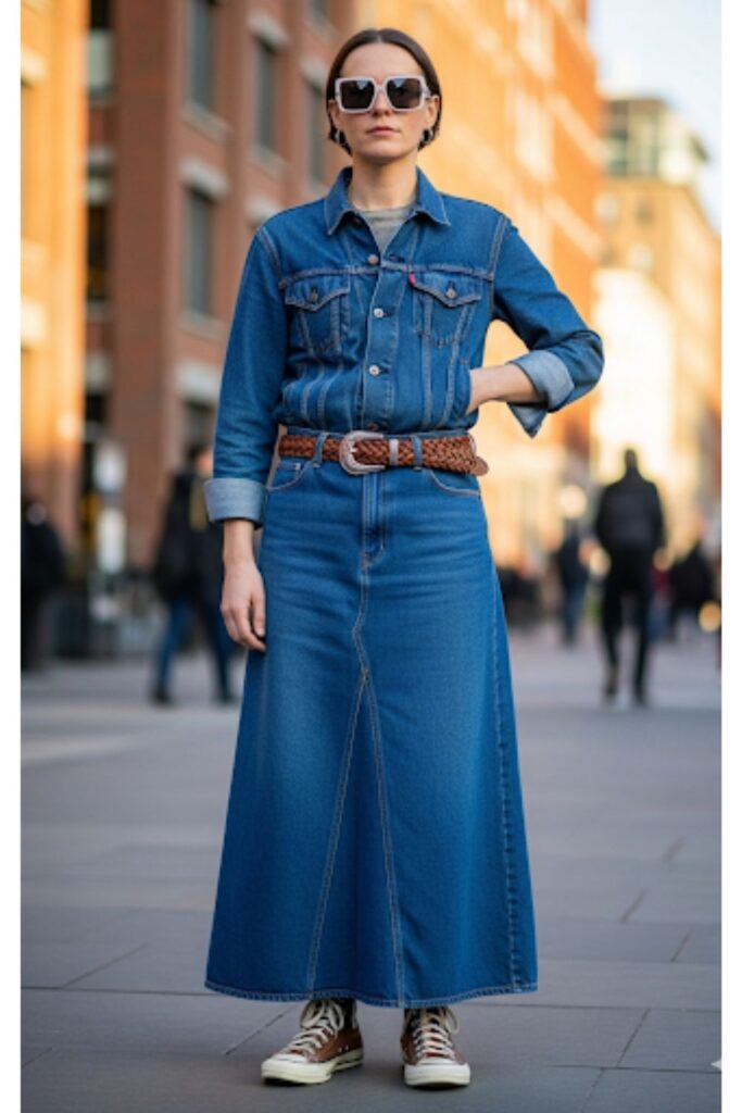 Long Denim Skirt with a Denim Jacket