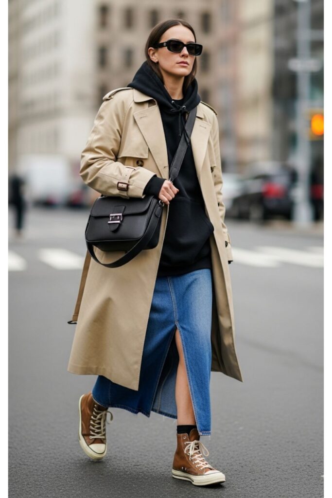 Long Denim Skirt with a Hoodie and Trench Coat