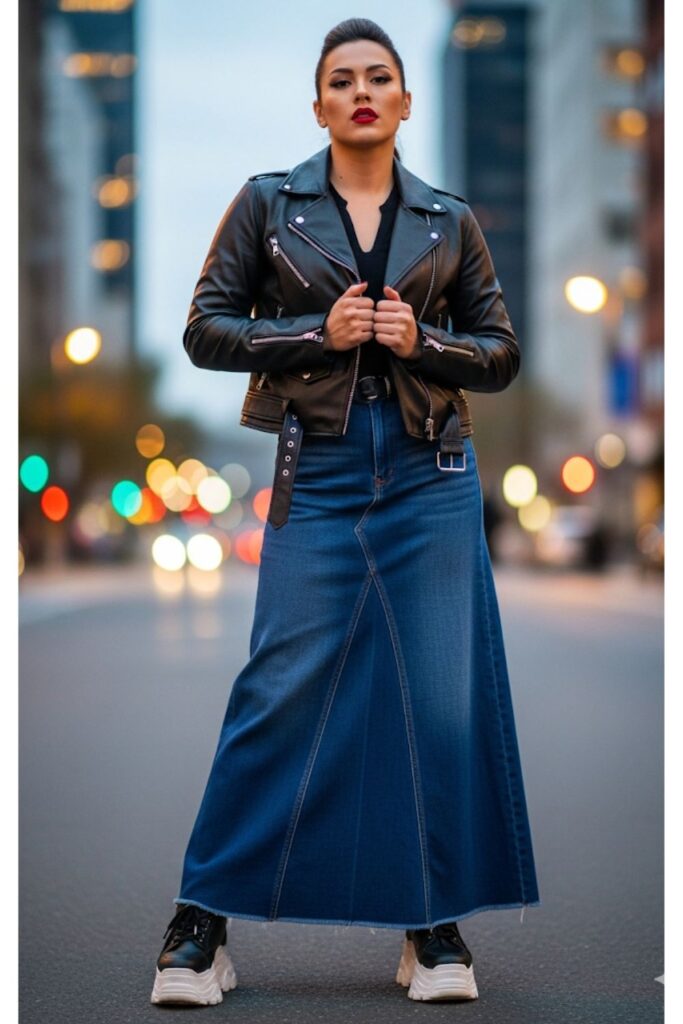 Long Denim Skirt with a Leather Jacket