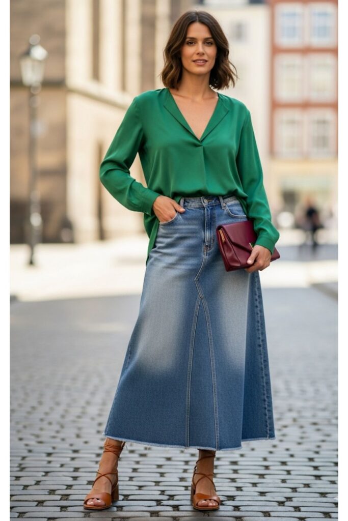 Long Denim Skirt with a Silk Blouse