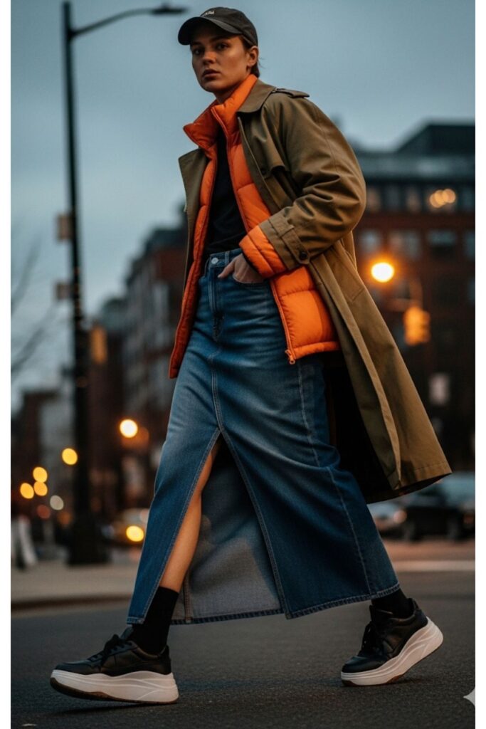Long Denim Skirt with a Statement Coat